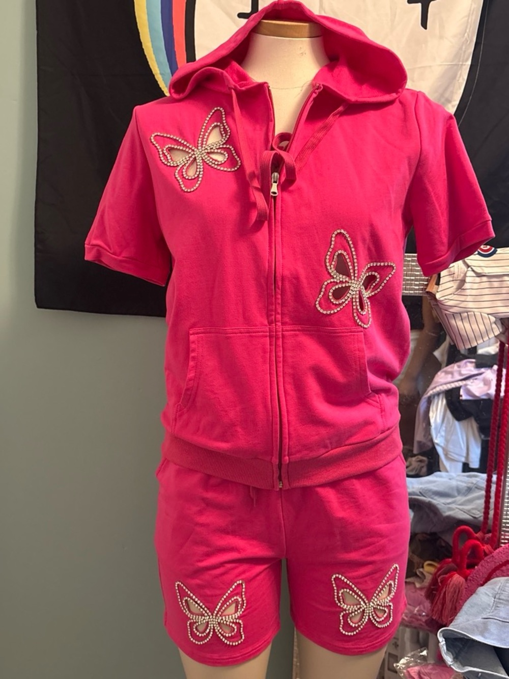 High-Waist Women's Short Set in Vibrant Pink with Butterfly Accents